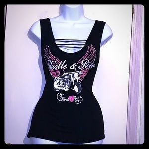 Black and pink “Hustle & Ride” motorcycle top